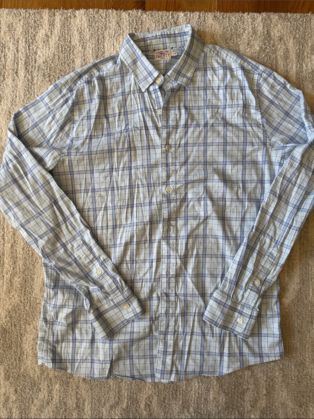 Faherty Light Blue and White Plaid Button-Up Shirt
